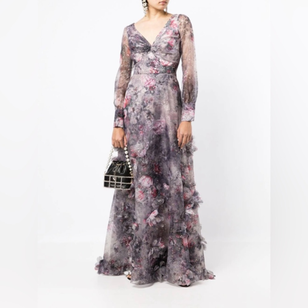 Marchesa Notte NEW Blouson Sleeve Foiled Floral Appliquéd 3D Organza Gown Sz 10 - Picture 4 of 16